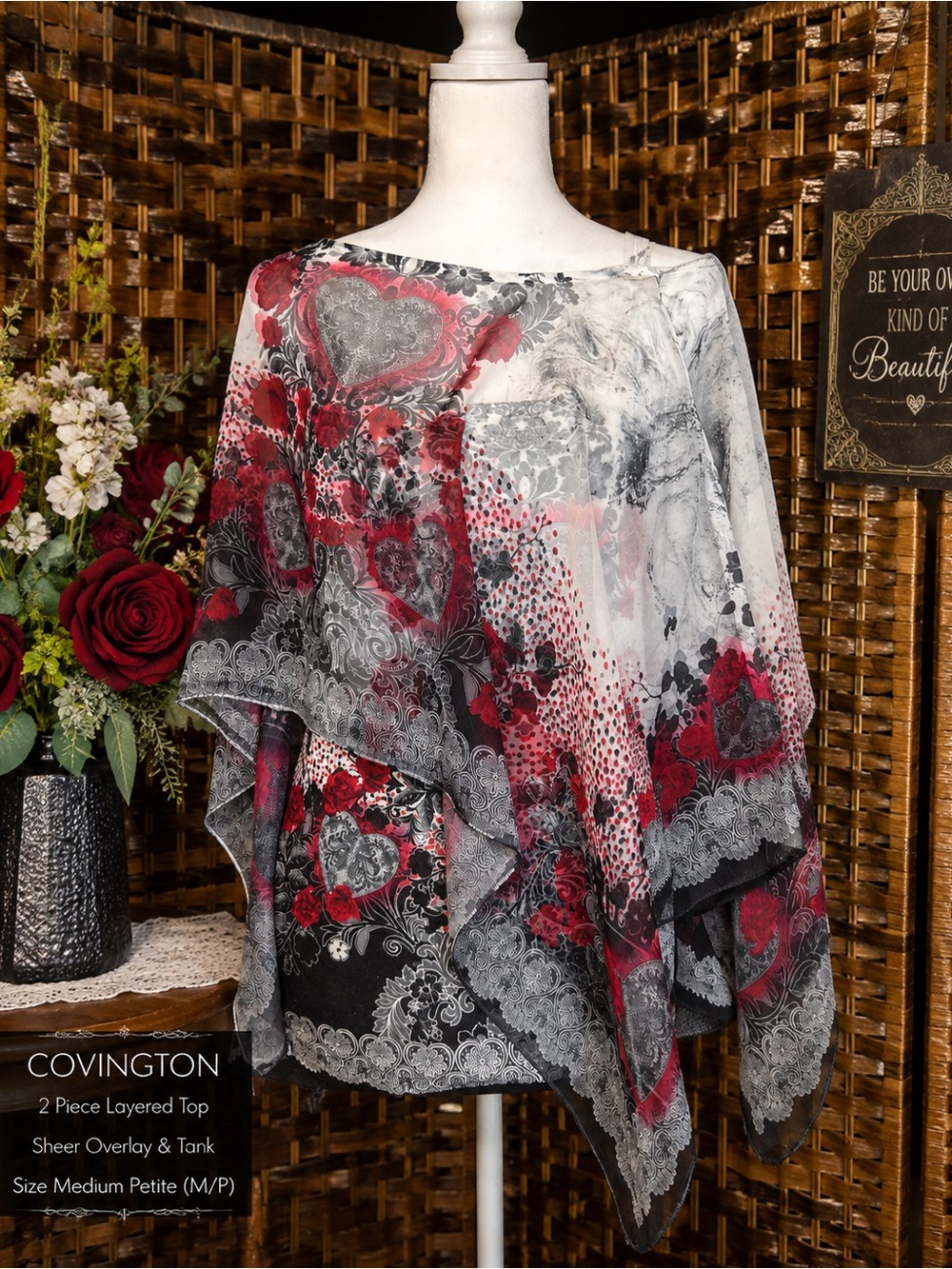 Covington Red, Gray & Black Layered Sheer Women's Tunic